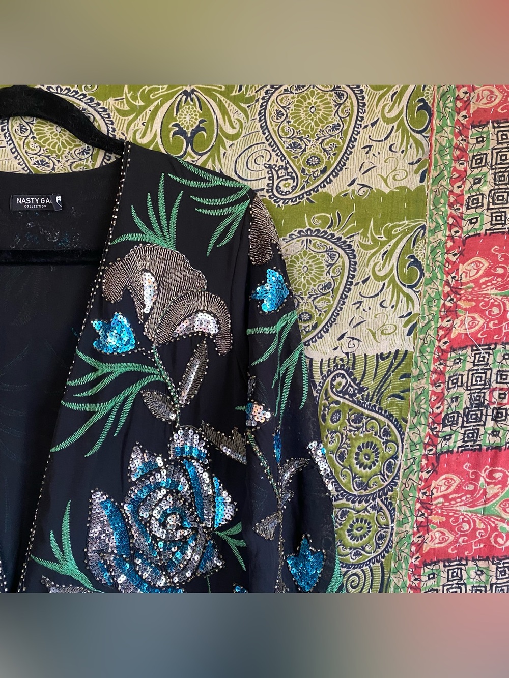 Rare Nasty Gal Black Embellished Sequin Floral Longline Kimoo Duster Small Edgy - Picture 6 of 15